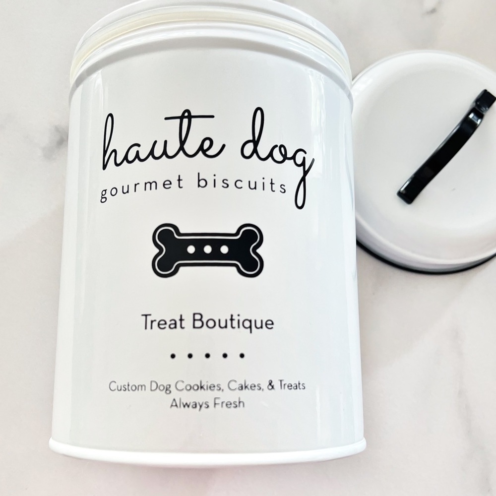 ENAMELED DOG TREAT METAL CANISTER BLACK WHITE HAUTE DOG BONE GRAPHICS IN… - Picture 10 of 12